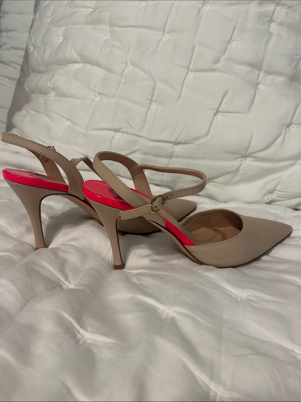 Women's Beige Slingback Pointed-Toe Heels with Pink Inset